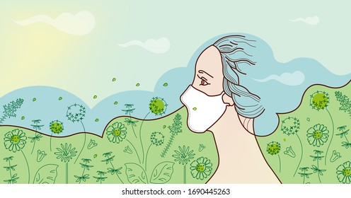 Illustration, Facebook cover of a girl in a medical mask on her face, against the backdrop of a summer landscape with wildflowers, seeds and herbs, allergy protection concept, hay fever
