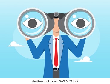 An illustration of a faceless businessman in a suit holding binoculars, with each lens containing an eye, symbolizing vision and observation