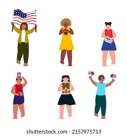 Illustration Of Faceless Cartoon Character Style Boy And Girl Playing From Flag, Drum, Cymbal And Clarinet On American Day Or Event On White Background.