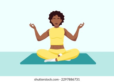 Illustration faceless of a dark-skinned girl in a yellow suit sits in a lotus position and meditates on a blue background