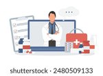 Illustration of a face-less doctor with a laptop and medicines in a flat style. Online medicine, health care, medical diagnostics. 