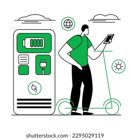 Illustration of faceless guy checking charge of scooter on mobile app. Ecology and planet friendly concept on white background. Environmental transport