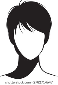 Illustration of a faceless head with a short layered black pixie hairstyle and soft feathered bangs.