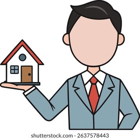 Illustration of a faceless real estate agent holding a small house icon. Perfect for property services, realty business, or housing advertisements. Clean and professional flat vector art.
