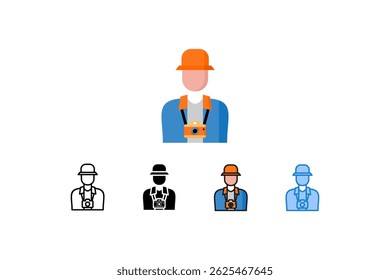 Illustration of a faceless tourist icon wearing a blue jacket and hat, with a camera hanging around his neck. Image available in various styles, editable.