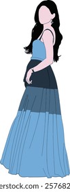 Illustration of a faceless woman wearing a gradient evening gown, standing confidently. Depicts elegance, fashion, and femininity with graceful posture and a blue-themed flowing dress.