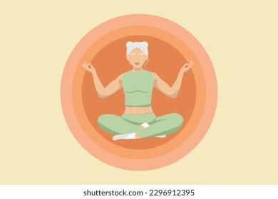 Illustration faceless of a young albino girl with white hair sits in a lotus position and meditates in a yoga class against the background of an orange circle
