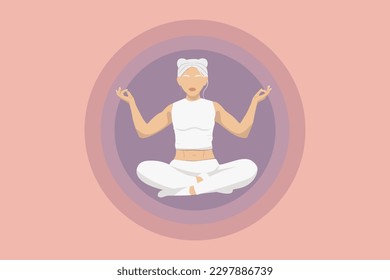 Illustration faceless of a young albino girl with white hair sits in a lotus position and meditates in a yoga class gentle shades