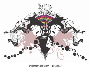 Illustration of faces and decorative patterns
