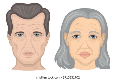 Illustration of faces of elderly man and woman on white background 