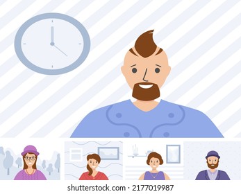 Illustration Of Faces On Live Video Conference Call Screen. Diverse People On Online Group Video Chat Screen Computer. Online Meeting Work Form Home, Remote Project Management, Quarantine. Vector