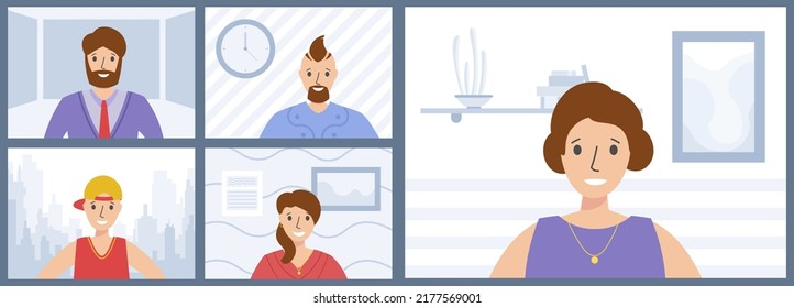 Illustration Of Faces On Live Video Conference Call Screen. Diverse People On Online Group Video Chat Screen Computer. Online Meeting Work Form Home, Remote Project Management, Quarantine. Vector