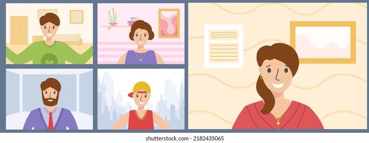 Illustration Of Faces On Live Video Conference Call Screen. Diverse People On Online Group Video Chat Screen Computer. Online Meeting Work Form Home, Remote Project Management, Quarantine. Vector