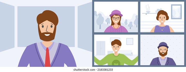 Illustration Of Faces On Live Video Conference Call Screen. Diverse People On Online Group Video Chat Screen Computer. Online Meeting Work Form Home, Remote Project Management, Quarantine. Vector