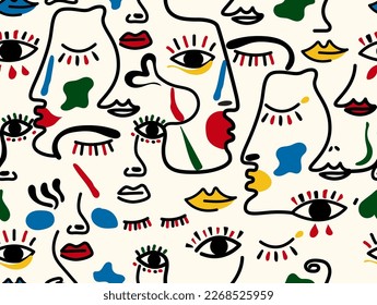 Illustration of faces, outline of lips, eyes and abstract shapes. Nice design of faces with colored lips and abstract eyelashes. Seamless pattern ideal for clothing, fabric, shirts, dresses, wallpaper