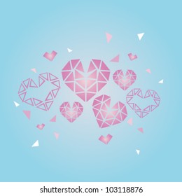 Illustration of faceted hearts on blue background