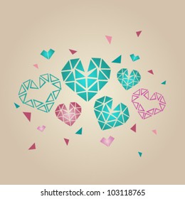 Illustration of faceted hearts on golden background