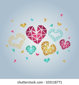 Illustration of faceted hearts on grey background