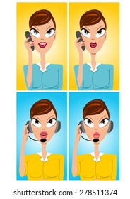 illustration of facial expressions of cartoon beautiful customer support operator speaking into microphone