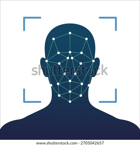 Illustration of a facial scan using connected biometric nodes to form a digital mesh for identity analysis.