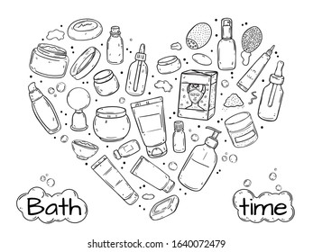 Illustration of facial skin care products. Black outline heart shaped objects isolated on white background.