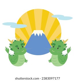 Ilustración de cara a dragones y al monte Fuji, fondo radial.