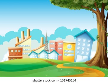 Illustration of the factories and high buildings across the hills
