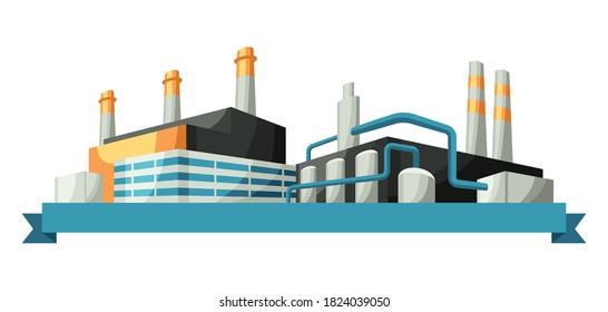 Illustration with factories or industrial buildings. Urban manufactory landscape of constructions.