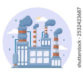 Illustration of Factory Air Pollution, CO2 Smoke Clouds that Damage Oxygen. Air Pollution Concept Isolated white Background