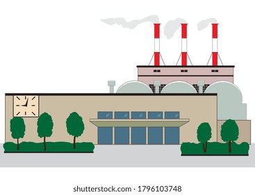 Illustration of a factory building with an administrative building and pipes