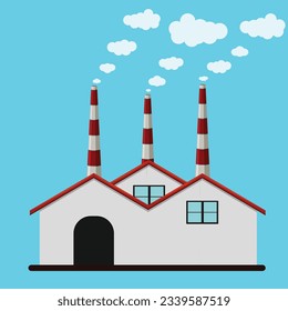 Illustration of factory exhausts emitting greenhouse gases to the environment isolated on blue background
