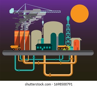 An illustration of a factory in operation. Producing material for development