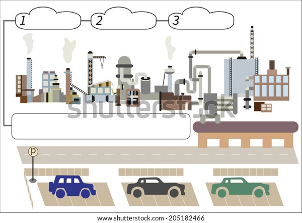 Illustration of a factory with place for your text,\
industrial infographics.\
