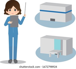 
Illustration of a factory with a woman in work clothes