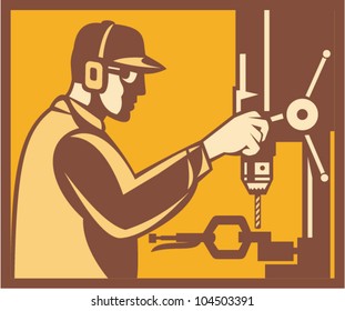 Illustration of a factory worker operator operating working with drill press viewed from side done in retro woodcut style set inside square.