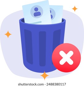 Ilustración de un error al eliminar datos con una papelera, datos de perfil y papel dentro. Eliminando archivos, documentos y carpetas de contactos de datos en la papelera.

