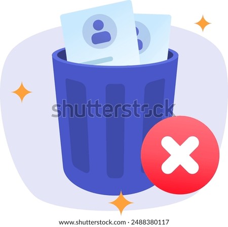 Illustration of failed deleting data with a trash, profile data, and paper inside. Deleting files documents data contact folders in the trash.
