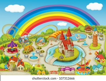 illustration of a fair on beautiful rainbow background