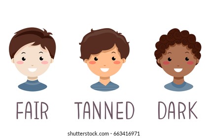 Illustration of Fair, Tanned and Dark Skinned Boys showing Different Skin Colors