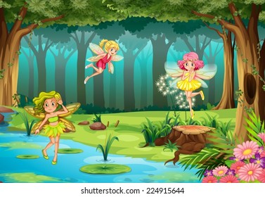 Illustration of fairies flying in the jungle