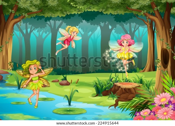 Illustration of fairies flying in the jungle, cartoon nature themed wallpaper. 