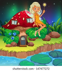 Illustration of a fairy above the red mushroom house