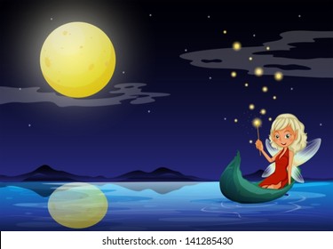 Illustration of a fairy in a boat holding a wand