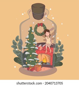 Illustration of a fairy celebrating Christmas in a glass bottle. Can be used for illustration of story books, greeting cards and also other Christmas merchandise.