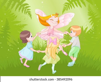 Illustration of fairy dancing with children