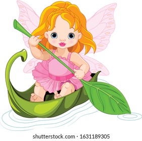 Illustration of fairy floats on a leaf boat