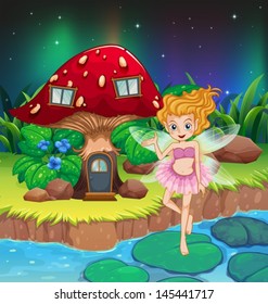 Illustration of a fairy flying beside a mushroom house 