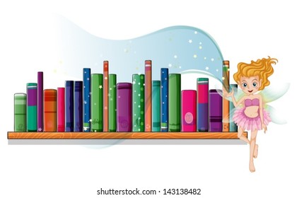 Illustration of a fairy flying beside a wooden shelf on a white background