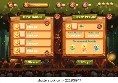 Illustration of the fairy forest at night with flashlights and examples of screens, buttons, bars progression for computer games and web design. Set 1.