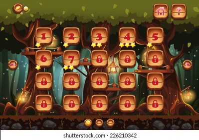 Illustration of the fairy forest at night with flashlights and examples of screens, buttons, bars progression for computer games and web design. Set 4.